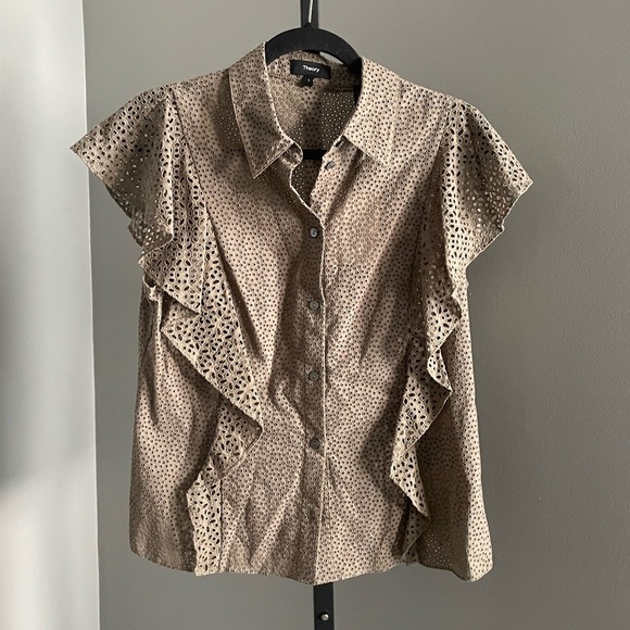 NWT Theory Nova Flutter Sleeve Eyelet Cotton Blouse Willow Size Large - Picture 3 of 8